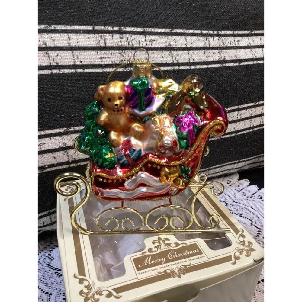 Fitz & Floyd Glass Christmas Ornament Santa's Sleigh with Gifts & Toys with Box